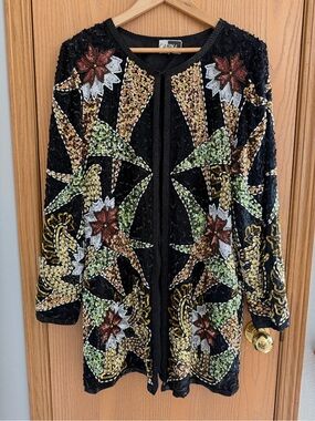 Vintage 90s Carina Black Fully Beaded Sequin Long Sleeve Jacket Women’s Size M